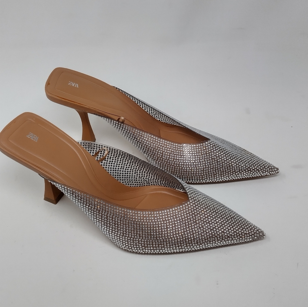 Zara Silver Rhinestone Pointed Toe Kitten Heel Mules - Picture 3 of 8